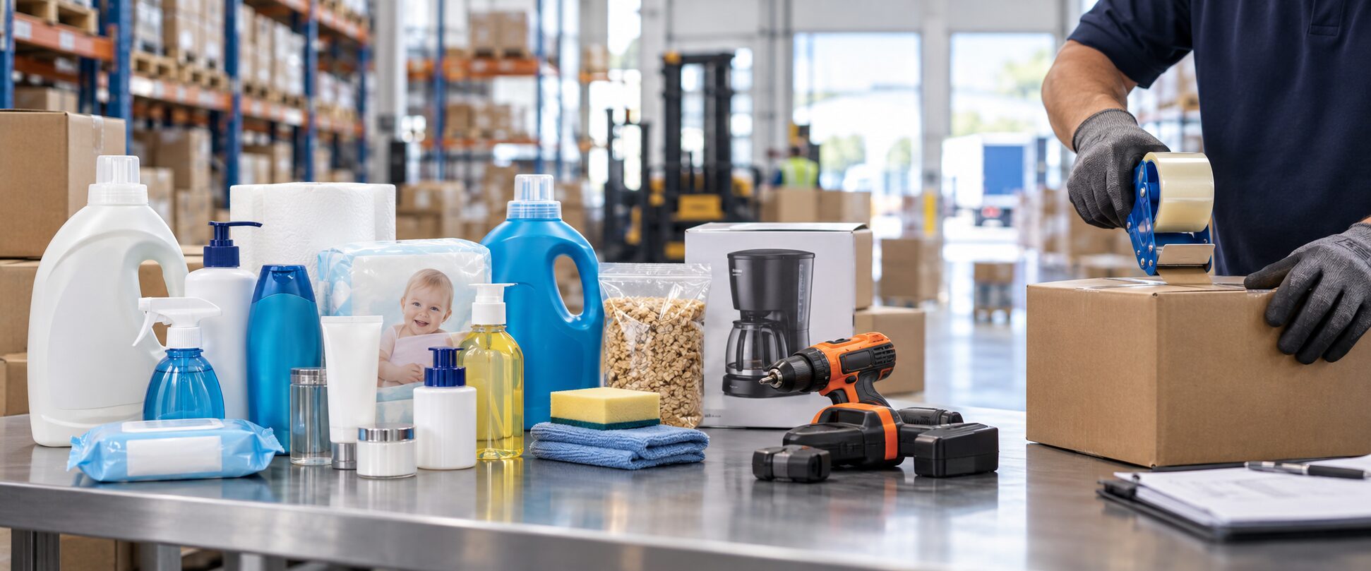 A selection of consumer product categories being prepared for distribution