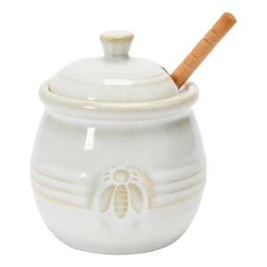 Maceta De Miel De Gres En Relieve Y Cuchara De Miel Madera Color Blanco