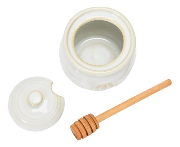 Maceta De Miel De Gres En Relieve Y Cuchara De Miel Madera Color Blanco - Image 3