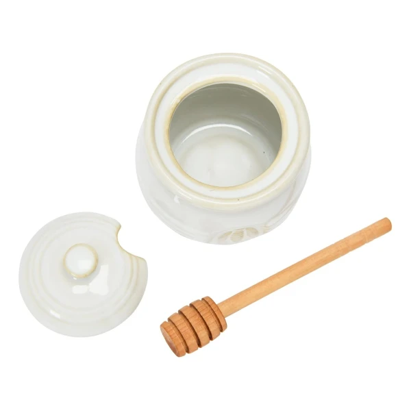 Maceta De Miel De Gres En Relieve Y Cuchara De Miel Madera Color Blanco - Image 3