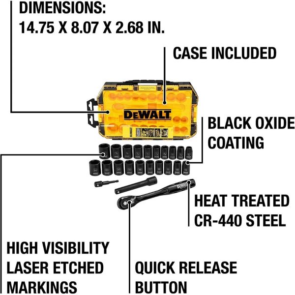 Set De 23 Piezas De Llaves Tubo De 1/2 Impacto. Dewalt Caja - Image 3