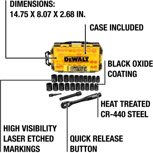 Set De 23 Piezas De Llaves Tubo De 1/2 Impacto. Dewalt Caja - Image 3