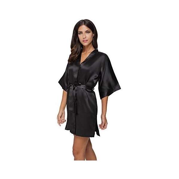 El Bund Bata Kimono De Saten Corto De Color Puro Para Mujer - Image 5