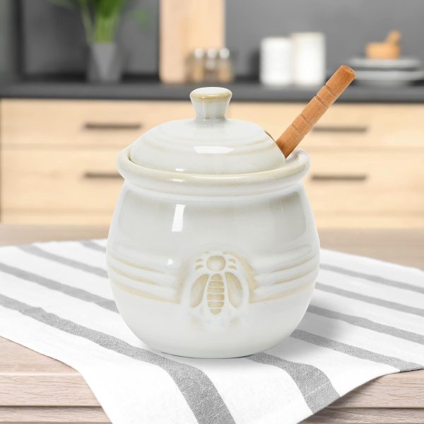 Maceta De Miel De Gres En Relieve Y Cuchara De Miel Madera Color Blanco - Image 2