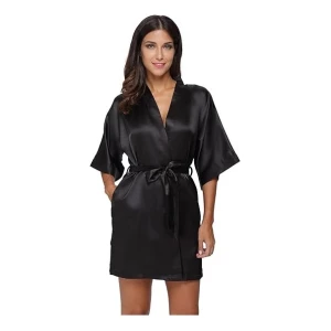 El Bund Bata Kimono De Saten Corto De Color Puro Para Mujer