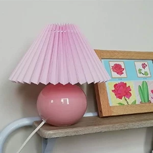 Lámpara De Mesa Plisada Coreana Estructura Rosa Pantalla Rosa