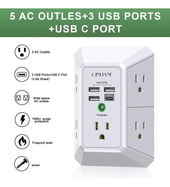 Multicontacto De 5 Tomas Qinlianf Qinlianf Con Usb Color Blanco 15a 127v - Image 2