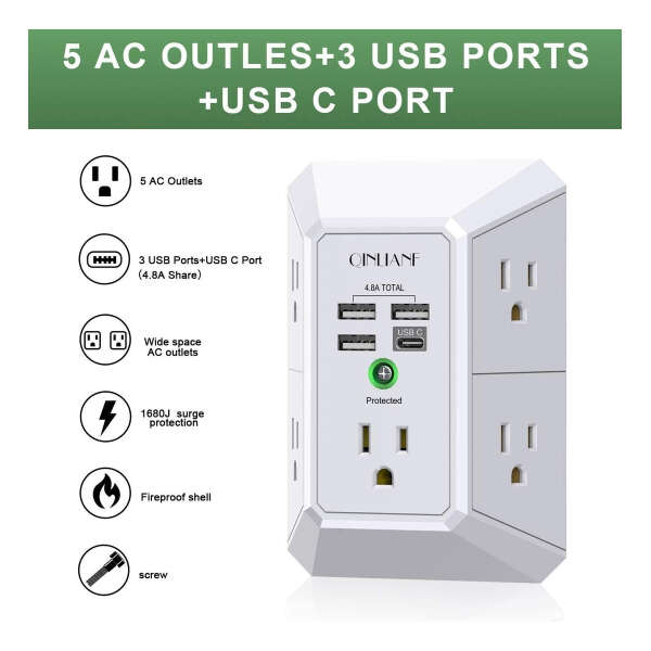 Multicontacto De 5 Tomas Qinlianf Qinlianf Con Usb Color Blanco 15a 127v - Image 2