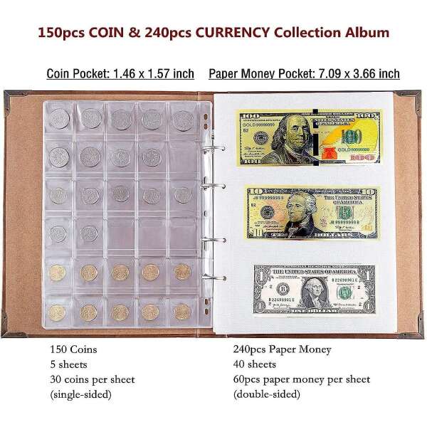 Álbum Cuero Para Coleccionistas 150 Monedas Y 240 Billetes - Image 3