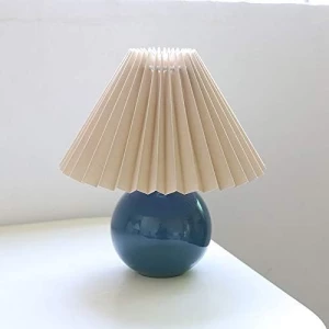 Lámpara De Mesa Plisada Coreana Estructura Azul Pantalla Beige - Image 2