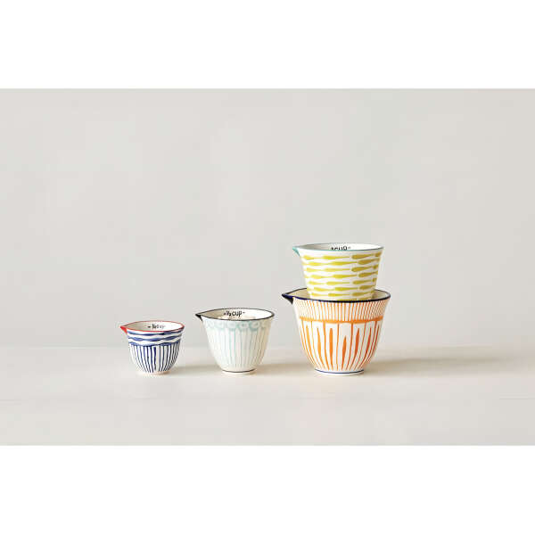 Tazas Medidoras De Gres A Rayas Estampadas A Mano 4 Pzas Color Blanco - Image 2