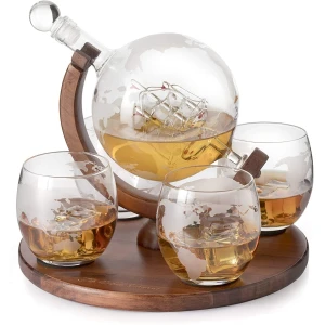 Decantador Whisky Globo Con Barco Antiguo, Piedras Y 4 Vasos - Image 4