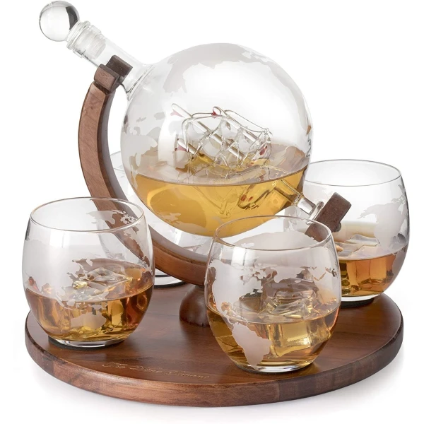 Decantador Whisky Globo Con Barco Antiguo, Piedras Y 4 Vasos - Image 4