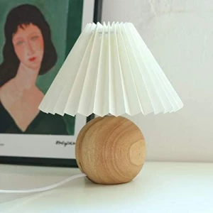 Lámpara De Mesa Plisada Coreana Estructura Madera Pantalla Blanco