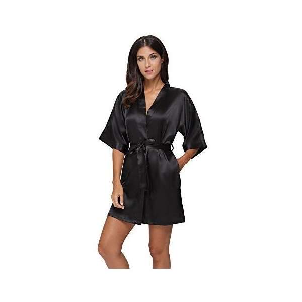 El Bund Bata Kimono De Saten Corto De Color Puro Para Mujer - Image 4