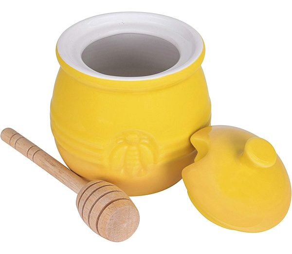 Maceta De Miel De Gres En Relieve Y Cuchara De Miel Madera Color Amarillo - Image 3