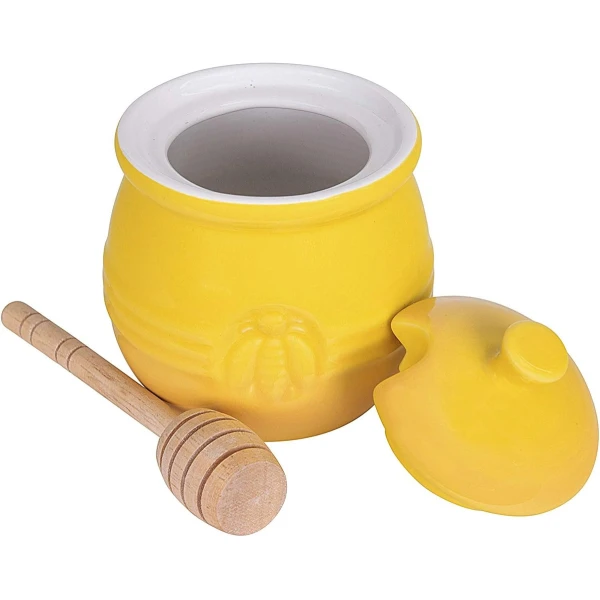 Maceta De Miel De Gres En Relieve Y Cuchara De Miel Madera Color Amarillo - Image 3