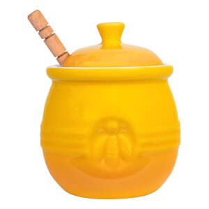 Maceta De Miel De Gres En Relieve Y Cuchara De Miel Madera Color Amarillo