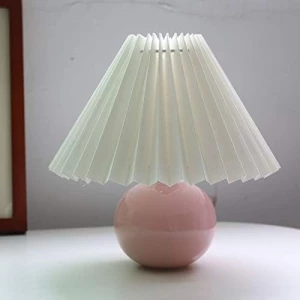 Lámpara De Mesa Plisada Coreana Estructura Rosa Pantalla Blanco
