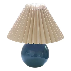 Lámpara De Mesa Plisada Coreana Estructura Azul Pantalla Beige