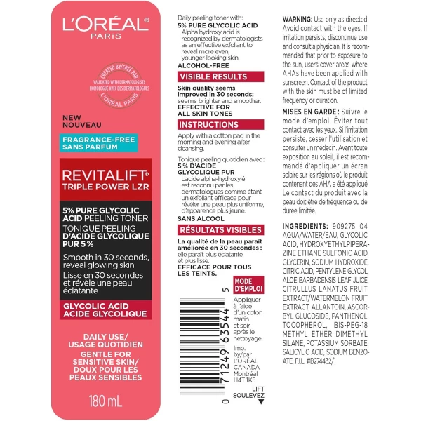 Tónico Exfoliante 5% Ácido Glicólico L'oreal Paris Revitalift Tónico Pelador De Ácido Glicólico Puro Al 5% Con Aloe Vera Sin Alcohol Sin Fragancia 6 Onzas Líquidas De Uso Diario Con Ácido Glicólico - Image 4