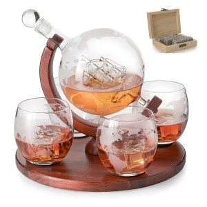 Decantador Whisky Globo Con Barco Antiguo, Piedras Y 4 Vasos