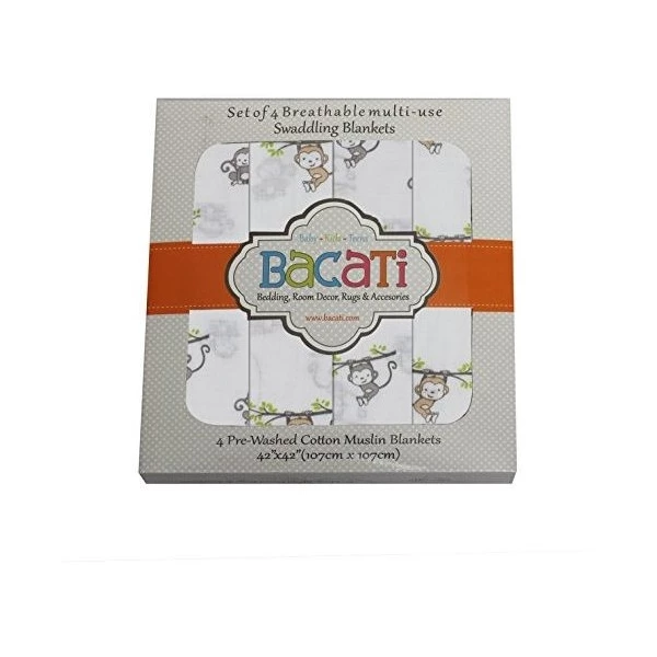 Bacati Conjunto De 4 Monos Felices Muselina Swaddling Mantas - Image 2