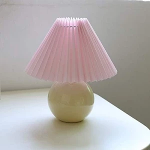 Lámpara De Mesa Plisada Coreana Estructura Crema Pantalla Rosa