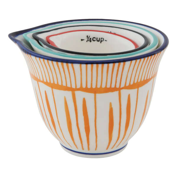 Tazas Medidoras De Gres A Rayas Estampadas A Mano 4 Pzas Color Blanco - Image 3
