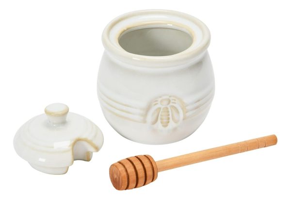 Maceta De Miel De Gres En Relieve Y Cuchara De Miel Madera Color Blanco - Image 4