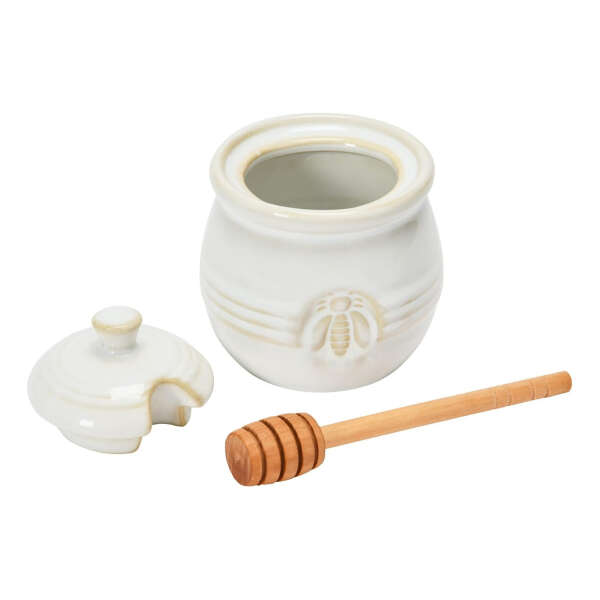 Maceta De Miel De Gres En Relieve Y Cuchara De Miel Madera Color Blanco - Image 4