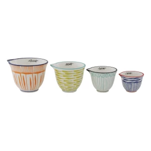 Tazas Medidoras De Gres A Rayas Estampadas A Mano 4 Pzas Color Blanco