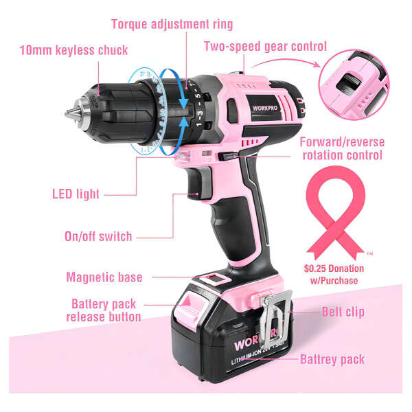 Taladro Inalámbrico Workpro 20v, Kit Completo Rosa, 1500 Rpm Color Rosa Frecuencia 60hz - Image 2