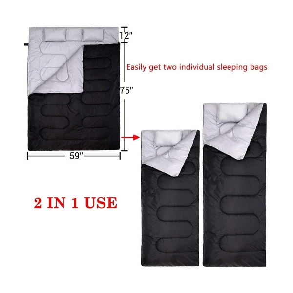 Saco De Dormir Doble Con 2 Almohadas, Ohuhu Impermeabl Negro - Image 2