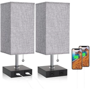 Lámparas De Mesa De Noche Aooshine Usb 2 Puertos De Carga Color De La Estructura Negro Grey Dual Usb Table Lamp-2 Pack