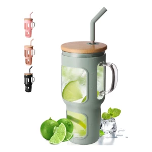 Comooo - Vaso De Vidrio De 1.18l Con Tapa De Bambú Y Sorbete Color Verde Oliva Liso