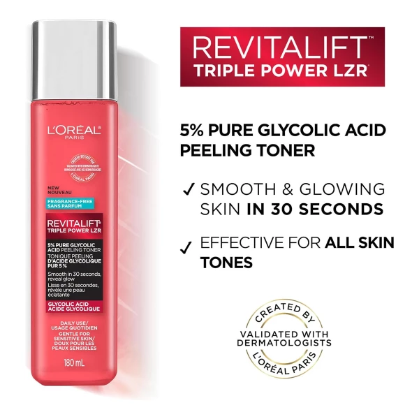 Tónico Exfoliante 5% Ácido Glicólico L'oreal Paris Revitalift Tónico Pelador De Ácido Glicólico Puro Al 5% Con Aloe Vera Sin Alcohol Sin Fragancia 6 Onzas Líquidas De Uso Diario Con Ácido Glicólico - Image 5