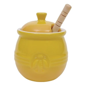 Maceta De Miel De Gres En Relieve Y Cuchara De Miel Madera Color Amarillo - Image 2