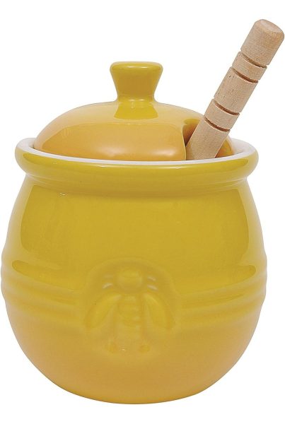Maceta De Miel De Gres En Relieve Y Cuchara De Miel Madera Color Amarillo - Image 2
