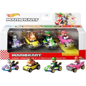 Hot Wheels Mario Kart Paquete De 4 Nintendo Pack Die Cast Color Verde, Morado, Amarillo Y Rosa