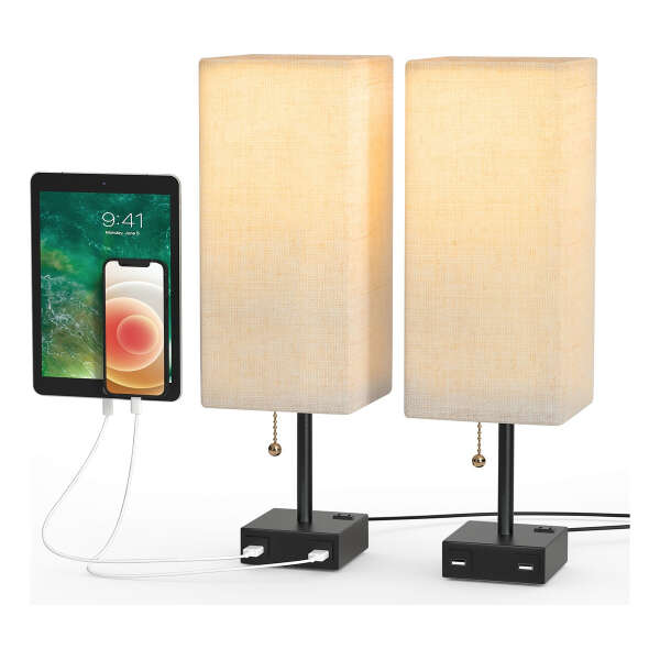 Lámparas De Mesa De Noche Aooshine Usb 2 Puertos De Carga Color De La Estructura Negro Grey Dual Usb Table Lamp-2 Pack - Image 3